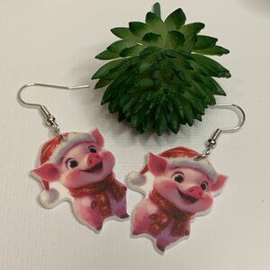 Pig Earrings, Santa Earrings, Christmas Earrings, Holiday Earrings, Gift iDea